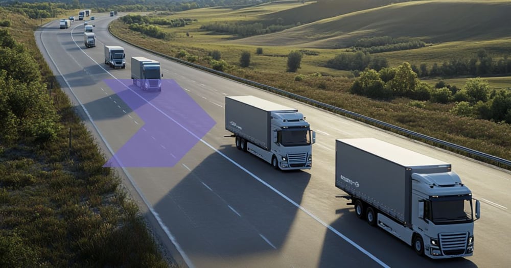 Why multi-network support is critical for global IoT success. Transport trucks driving in a row on highway.