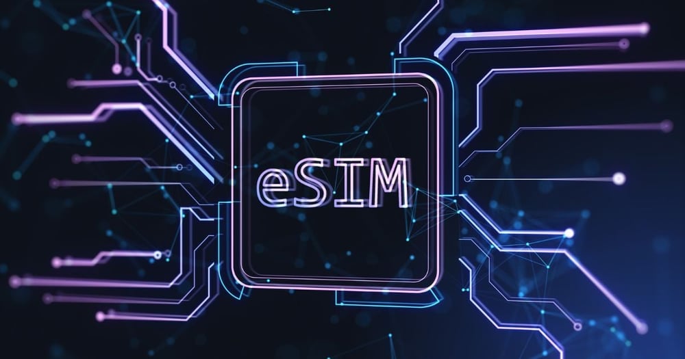 Black background and illustrated lines showing the outline of an eSIM with eSIM written in the middle. Lightup lines connecting the SIM with dots