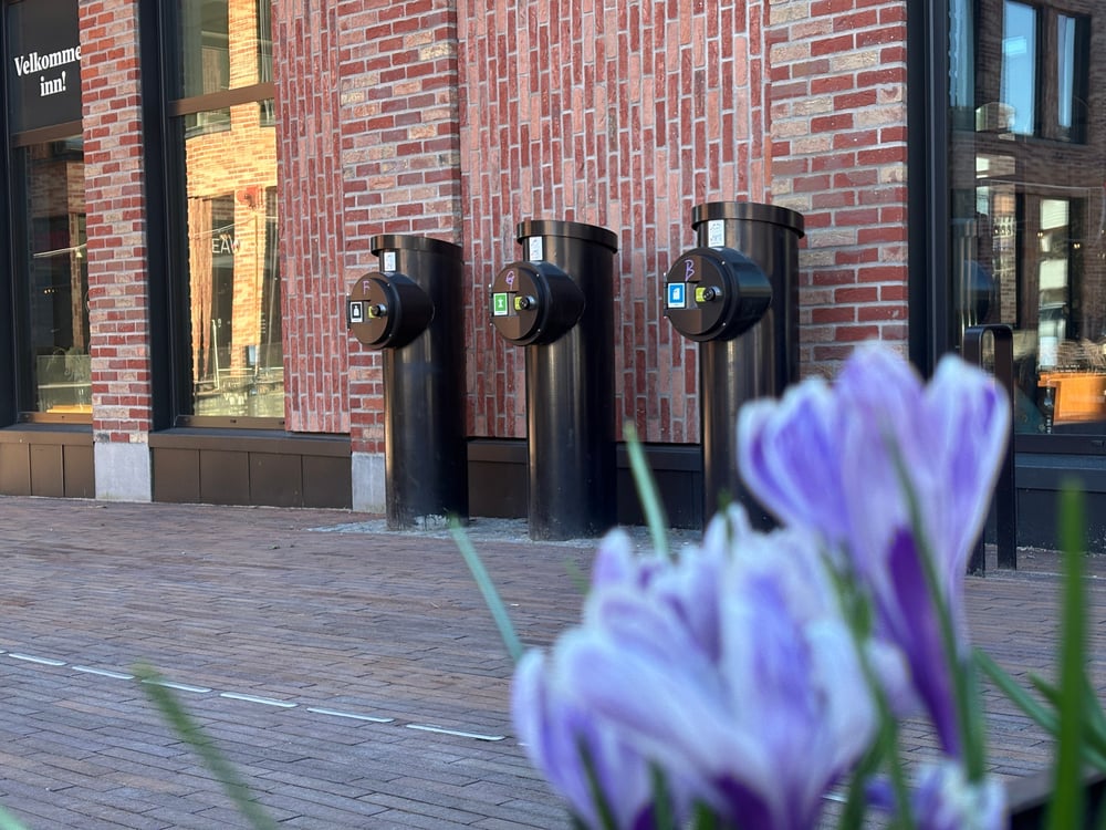Modern wast towers sticking up from the ground in front of brick wall. Purple flowers in front view. 